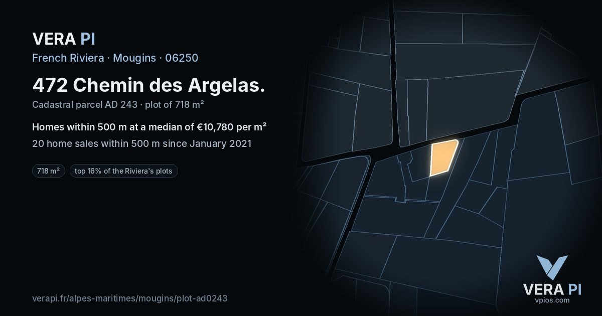 472 Chemin des Argelas, Mougins at night – the plot lit, the parcels around coloured by the prices near them