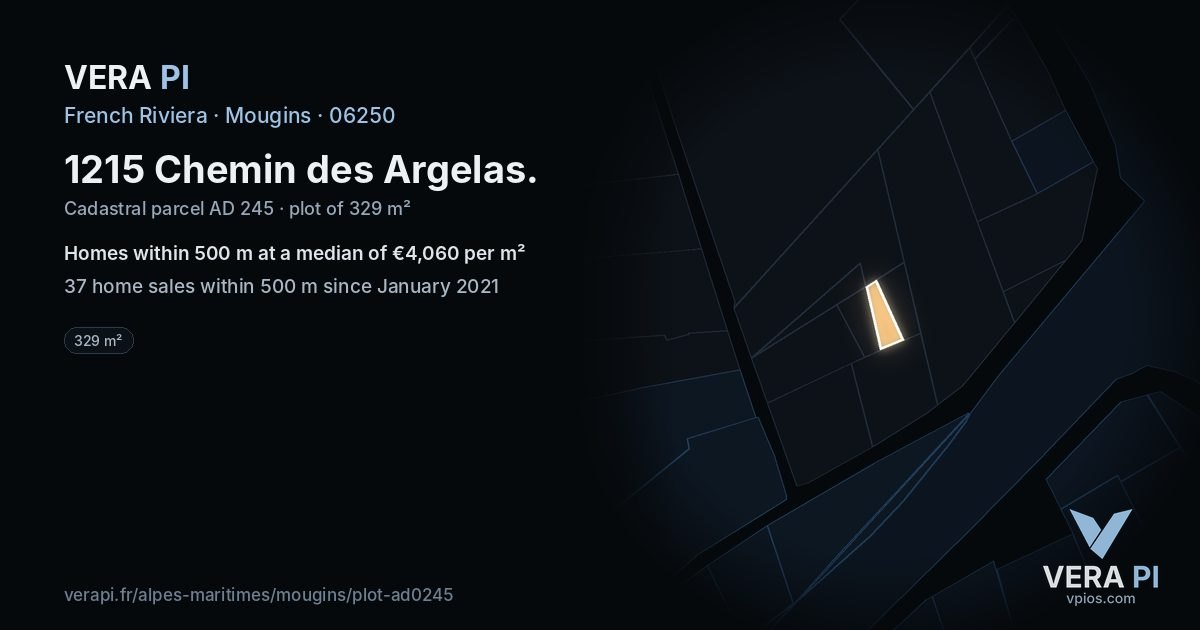 1215 Chemin des Argelas, Mougins at night – the plot lit, the parcels around coloured by the prices near them
