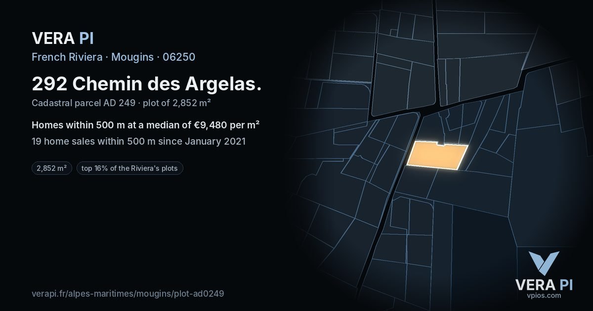 292 Chemin des Argelas, Mougins at night – the plot lit, the parcels around coloured by the prices near them
