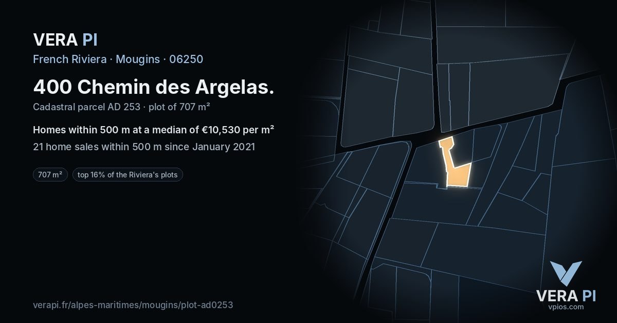 400 Chemin des Argelas, Mougins at night – the plot lit, the parcels around coloured by the prices near them