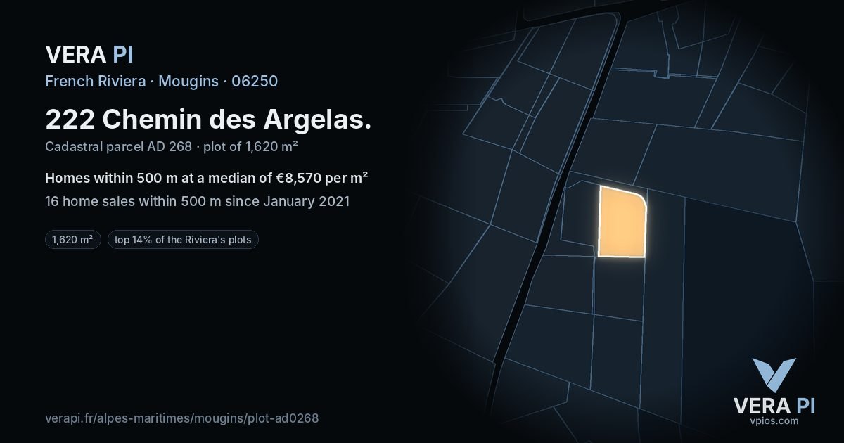 222 Chemin des Argelas, Mougins at night – the plot lit, the parcels around coloured by the prices near them