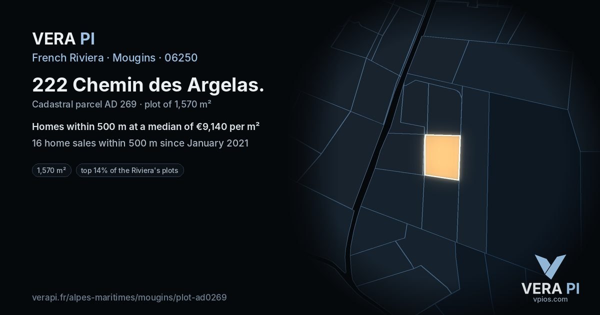 222 Chemin des Argelas, Mougins at night – the plot lit, the parcels around coloured by the prices near them