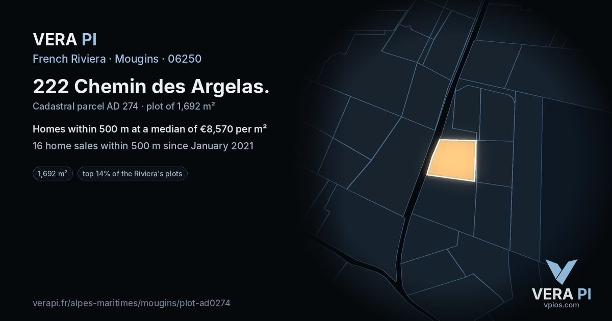 222 Chemin des Argelas, Mougins at night – the plot lit, the parcels around coloured by the prices near them