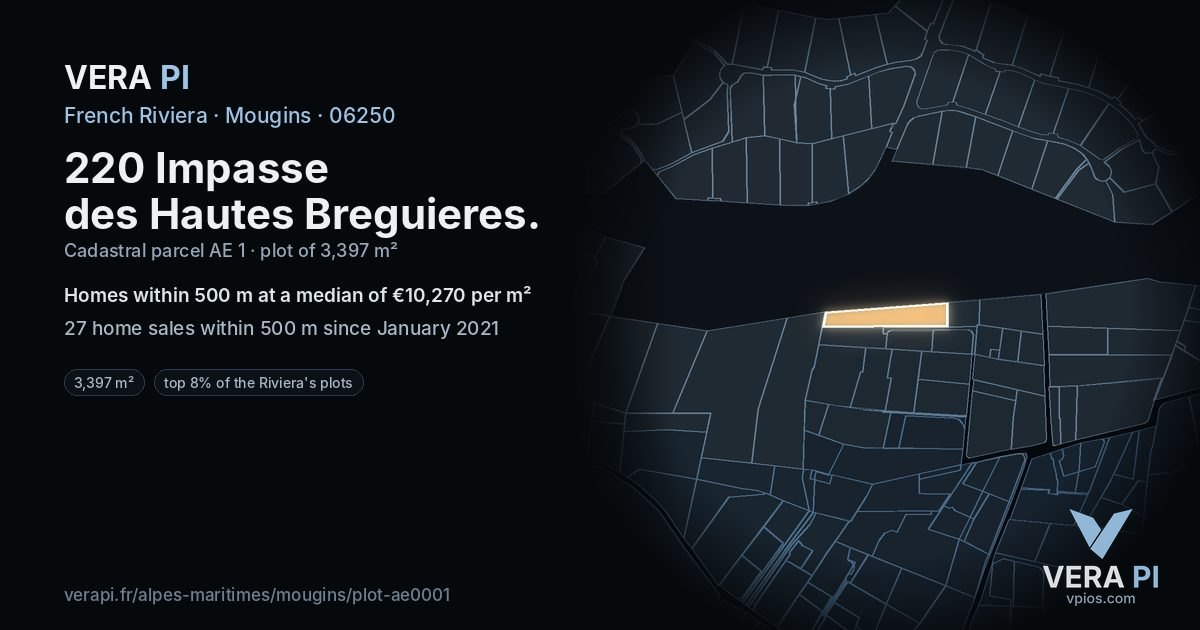 220 Impasse des Hautes Breguieres, Mougins at night – the plot lit, the parcels around coloured by the prices near them