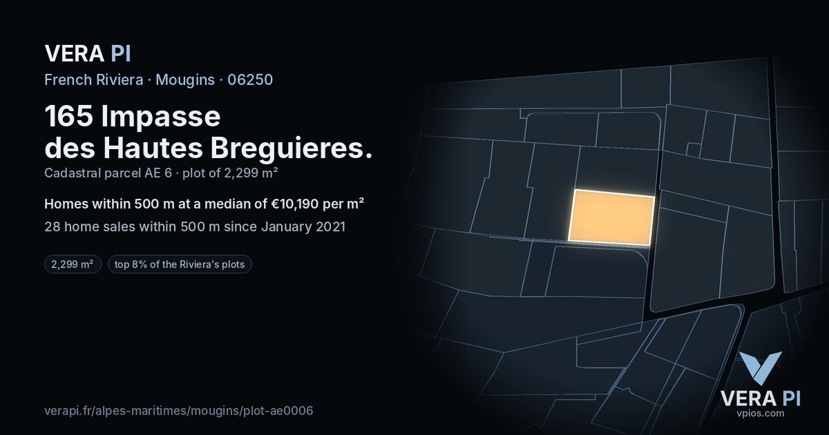 165 Impasse des Hautes Breguieres, Mougins at night – the plot lit, the parcels around coloured by the prices near them