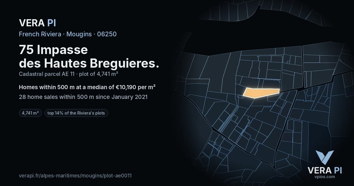75 Impasse des Hautes Breguieres, Mougins at night – the plot lit, the parcels around coloured by the prices near them