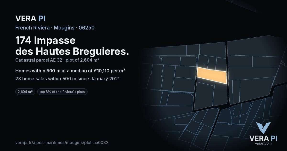 174 Impasse des Hautes Breguieres, Mougins at night – the plot lit, the parcels around coloured by the prices near them