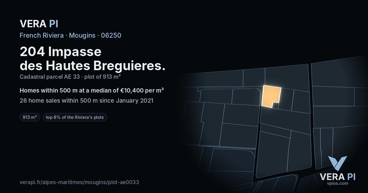 204 Impasse des Hautes Breguieres, Mougins at night – the plot lit, the parcels around coloured by the prices near them