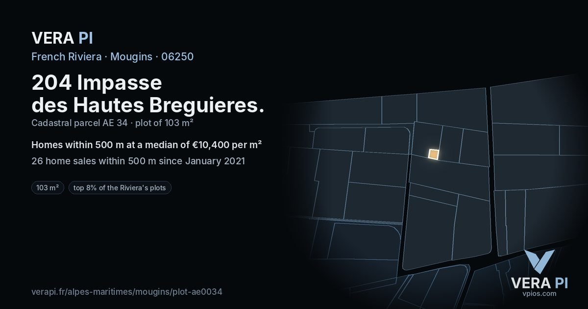204 Impasse des Hautes Breguieres, Mougins at night – the plot lit, the parcels around coloured by the prices near them