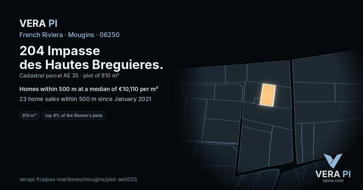 204 Impasse des Hautes Breguieres, Mougins at night – the plot lit, the parcels around coloured by the prices near them