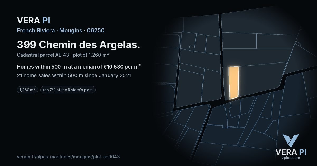 399 Chemin des Argelas, Mougins at night – the plot lit, the parcels around coloured by the prices near them
