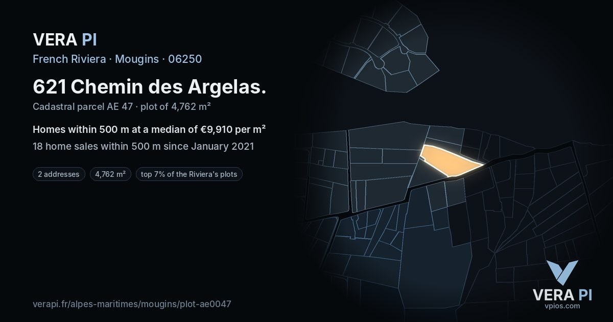 621 Chemin des Argelas, Mougins at night – the plot lit, the parcels around coloured by the prices near them