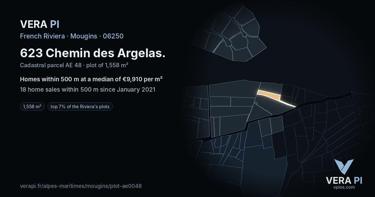 623 Chemin des Argelas, Mougins at night – the plot lit, the parcels around coloured by the prices near them