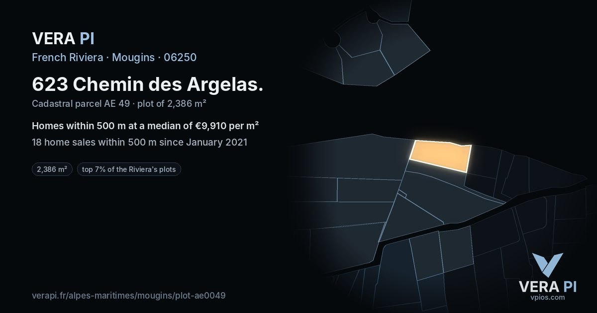 623 Chemin des Argelas, Mougins at night – the plot lit, the parcels around coloured by the prices near them