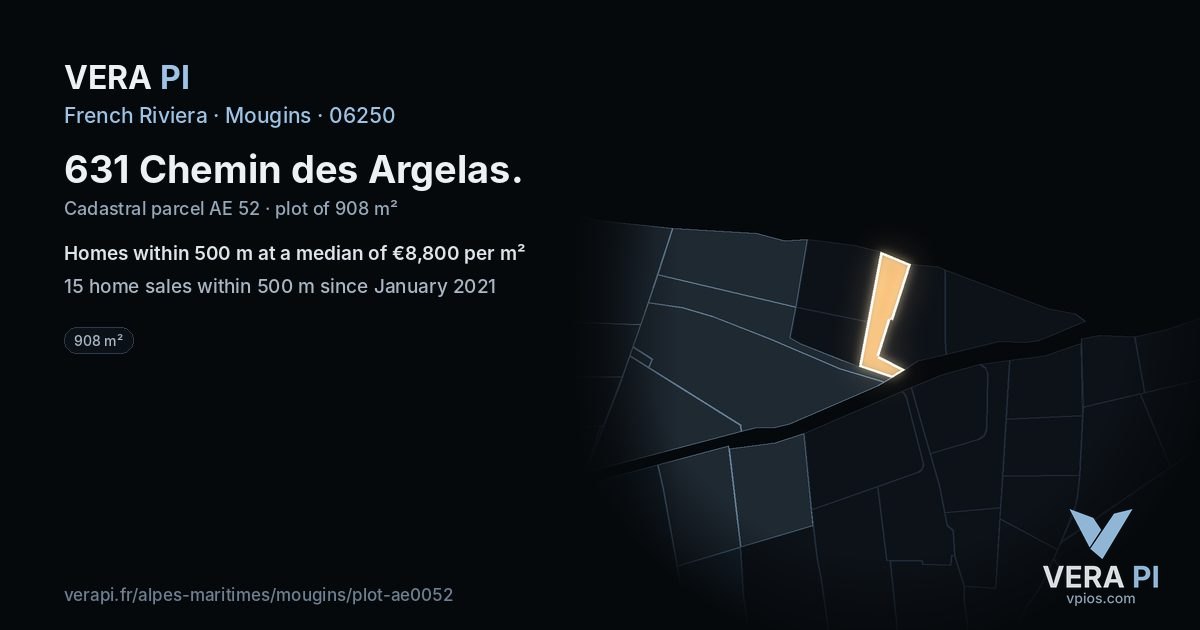 631 Chemin des Argelas, Mougins at night – the plot lit, the parcels around coloured by the prices near them