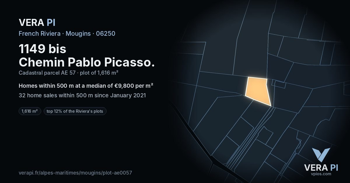 1149 bis Chemin Pablo Picasso, Mougins at night – the plot lit, the parcels around coloured by the prices near them