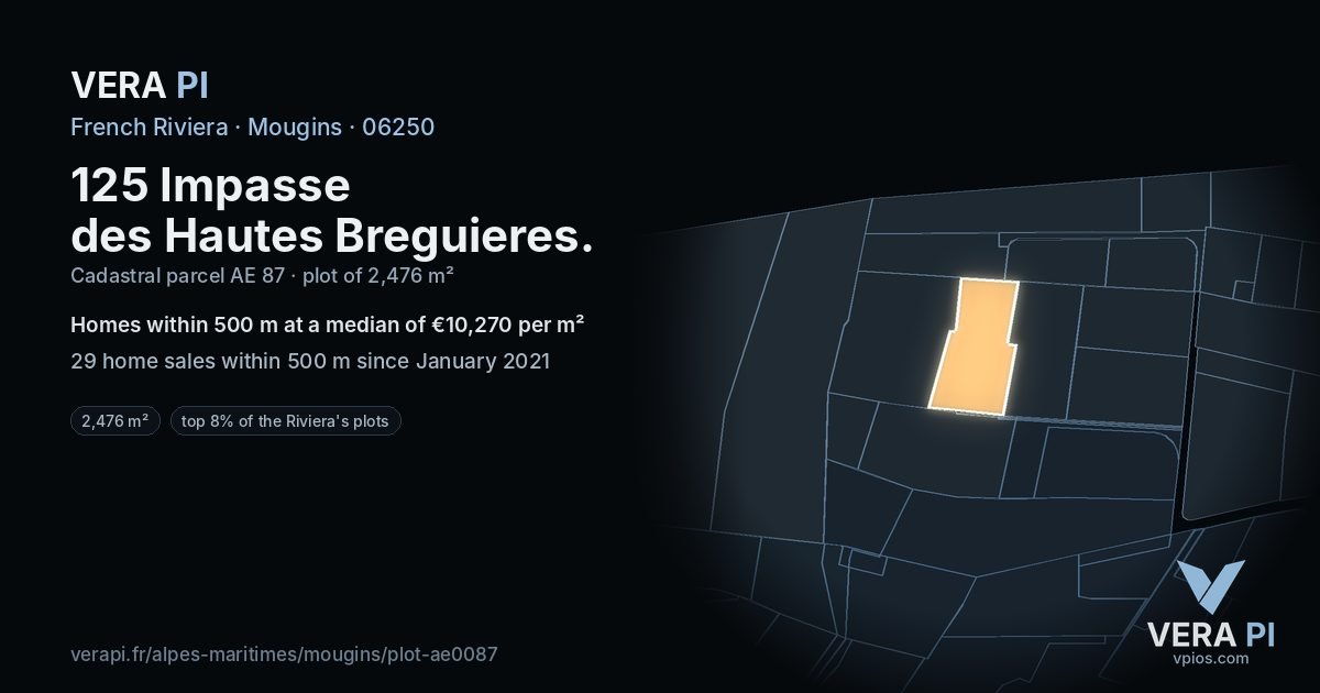 125 Impasse des Hautes Breguieres, Mougins at night – the plot lit, the parcels around coloured by the prices near them