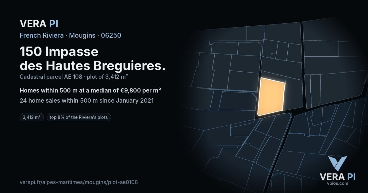 150 Impasse des Hautes Breguieres, Mougins at night – the plot lit, the parcels around coloured by the prices near them