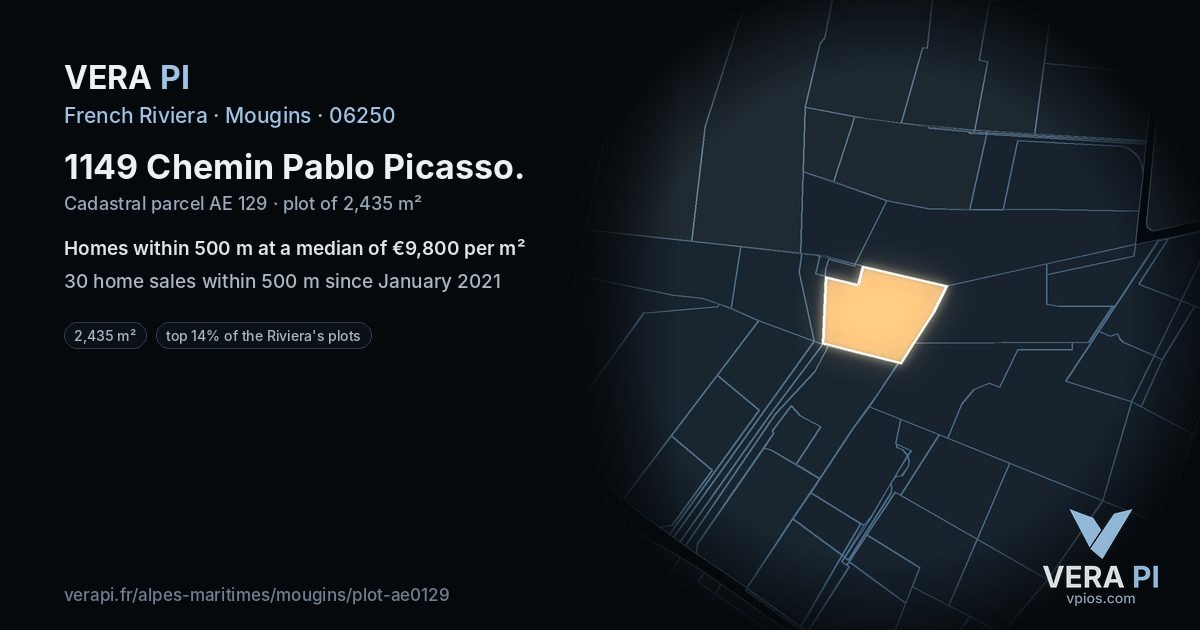 1149 Chemin Pablo Picasso, Mougins at night – the plot lit, the parcels around coloured by the prices near them