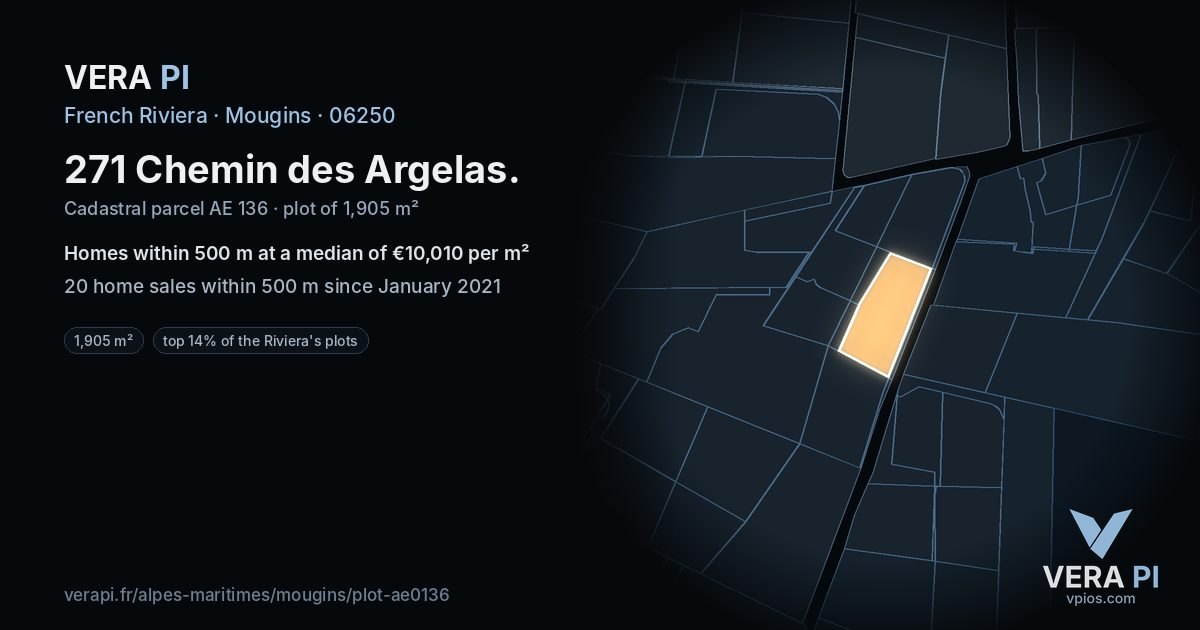 271 Chemin des Argelas, Mougins at night – the plot lit, the parcels around coloured by the prices near them
