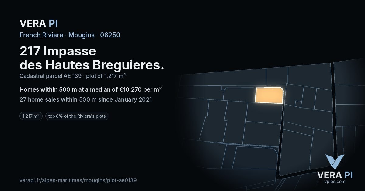 217 Impasse des Hautes Breguieres, Mougins at night – the plot lit, the parcels around coloured by the prices near them