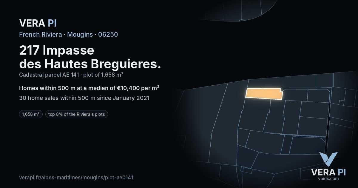 217 Impasse des Hautes Breguieres, Mougins at night – the plot lit, the parcels around coloured by the prices near them