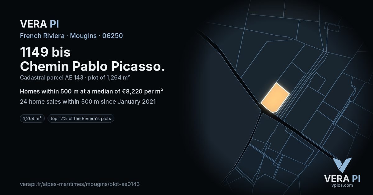 1149 bis Chemin Pablo Picasso, Mougins at night – the plot lit, the parcels around coloured by the prices near them