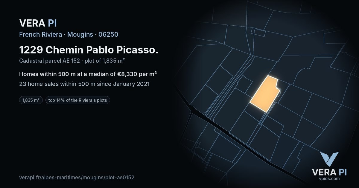 1229 Chemin Pablo Picasso, Mougins at night – the plot lit, the parcels around coloured by the prices near them