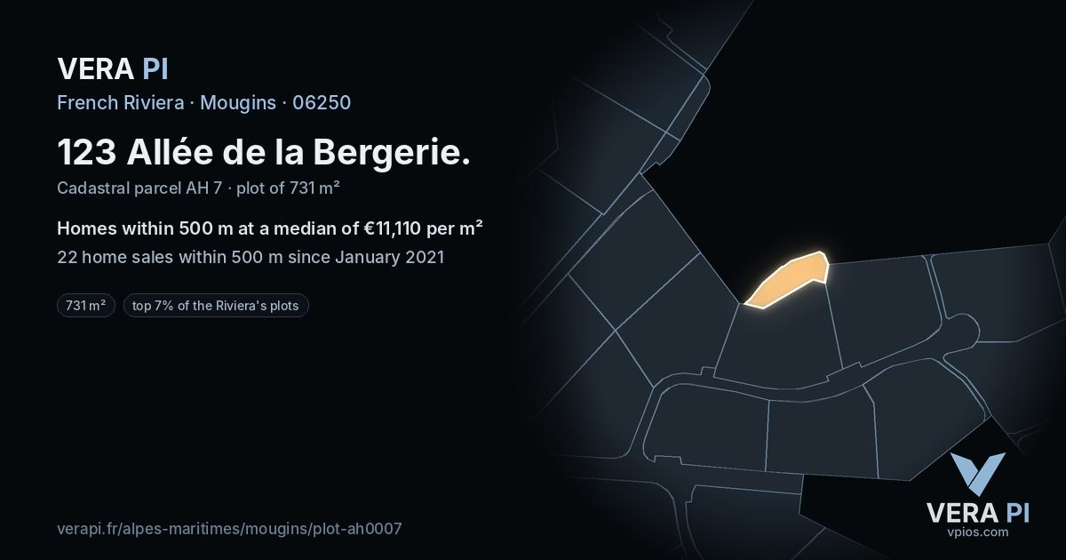 123 Allée de la Bergerie, Mougins at night – the plot lit, the parcels around coloured by the prices near them