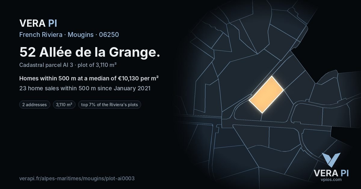 52 Allée de la Grange, Mougins at night – the plot lit, the parcels around coloured by the prices near them