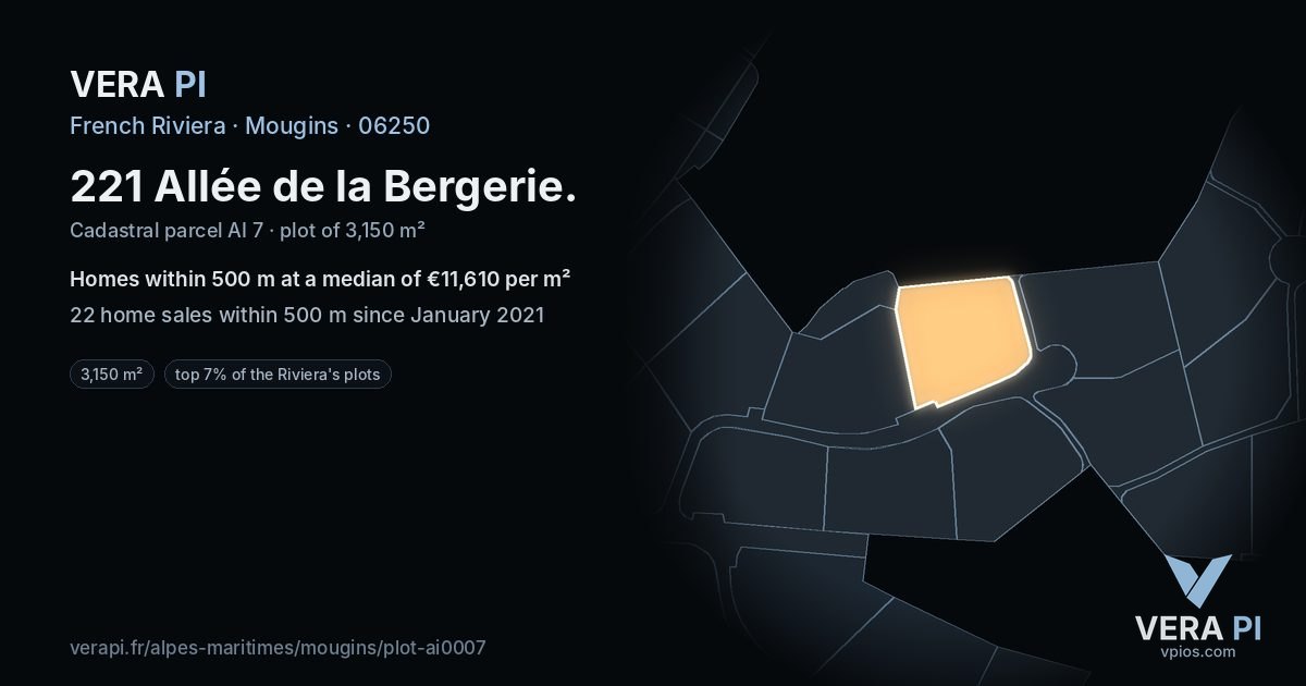 221 Allée de la Bergerie, Mougins at night – the plot lit, the parcels around coloured by the prices near them
