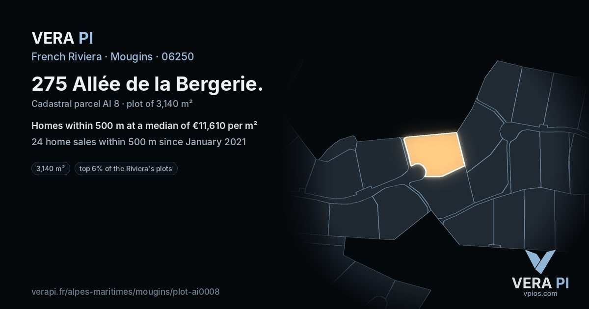 275 Allée de la Bergerie, Mougins at night – the plot lit, the parcels around coloured by the prices near them