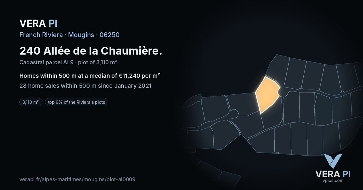 240 Allée de la Chaumière, Mougins at night – the plot lit, the parcels around coloured by the prices near them