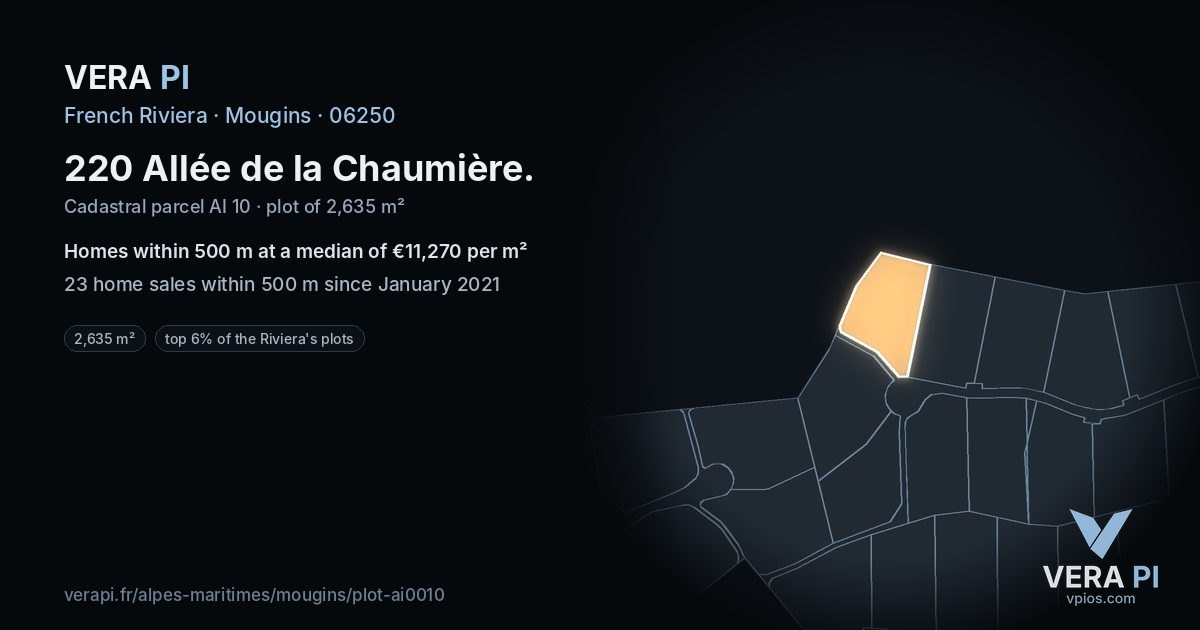 220 Allée de la Chaumière, Mougins at night – the plot lit, the parcels around coloured by the prices near them