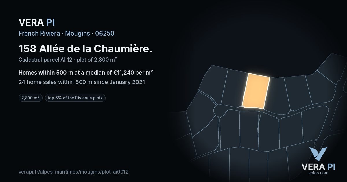 158 Allée de la Chaumière, Mougins at night – the plot lit, the parcels around coloured by the prices near them