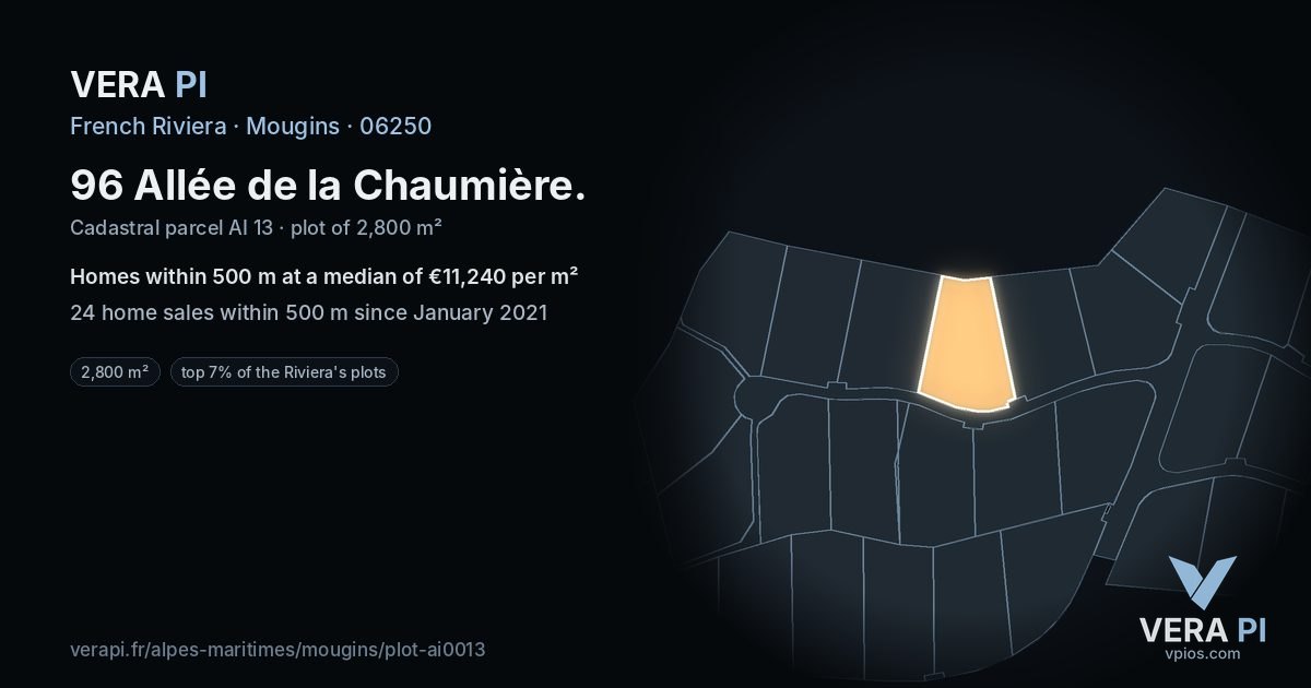 96 Allée de la Chaumière, Mougins at night – the plot lit, the parcels around coloured by the prices near them