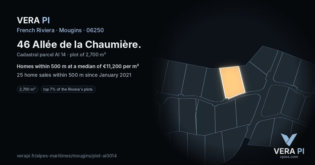 46 Allée de la Chaumière, Mougins at night – the plot lit, the parcels around coloured by the prices near them