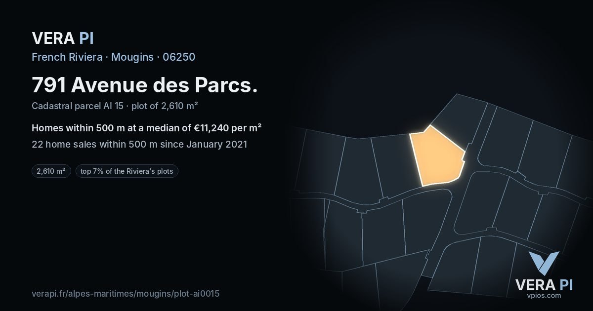 791 Avenue des Parcs, Mougins at night – the plot lit, the parcels around coloured by the prices near them
