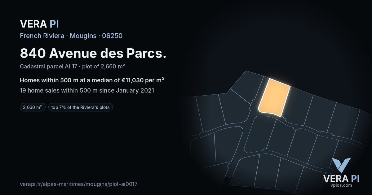 840 Avenue des Parcs, Mougins at night – the plot lit, the parcels around coloured by the prices near them