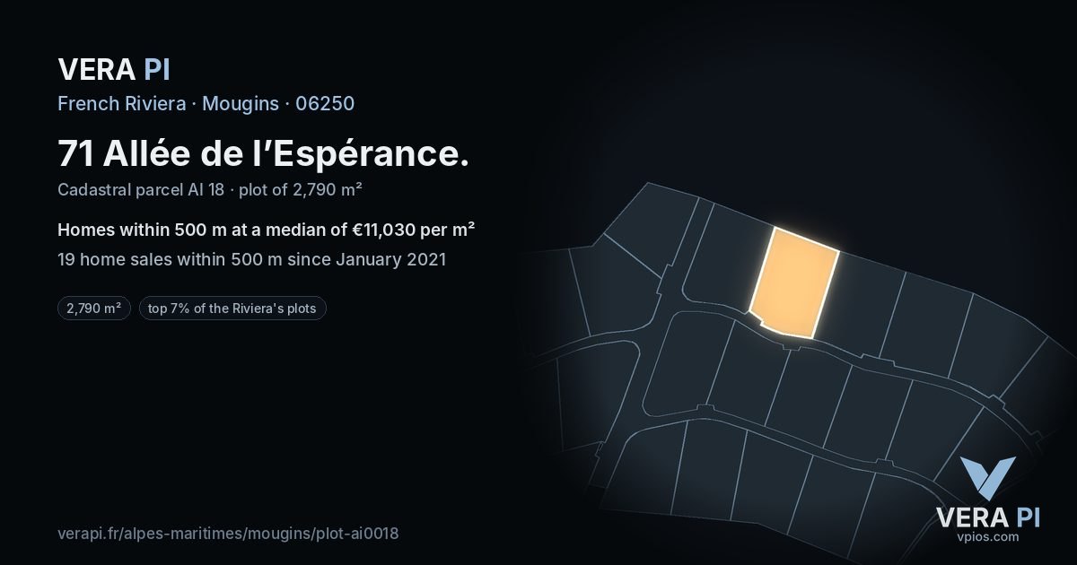 71 Allée de l’Espérance, Mougins at night – the plot lit, the parcels around coloured by the prices near them
