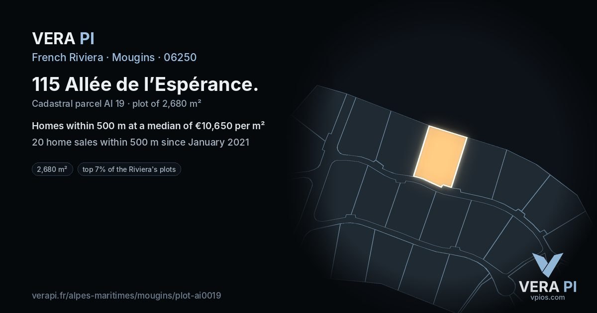 115 Allée de l’Espérance, Mougins at night – the plot lit, the parcels around coloured by the prices near them