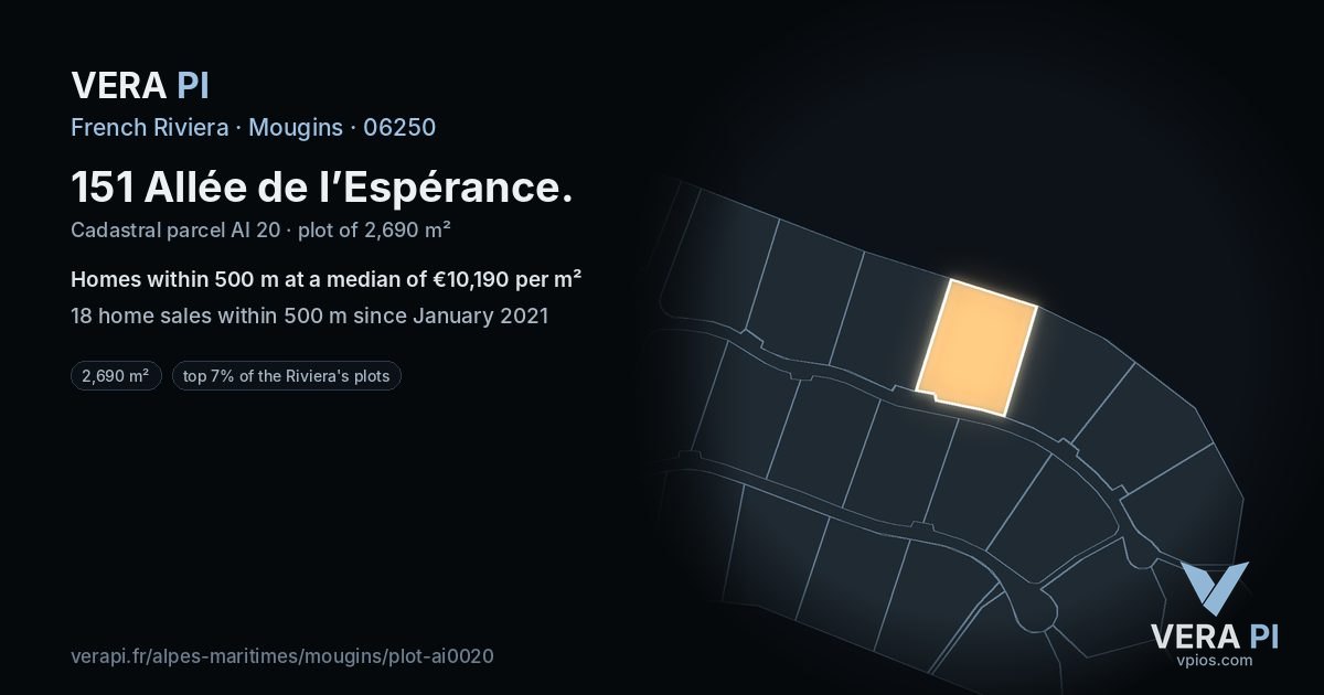 151 Allée de l’Espérance, Mougins at night – the plot lit, the parcels around coloured by the prices near them