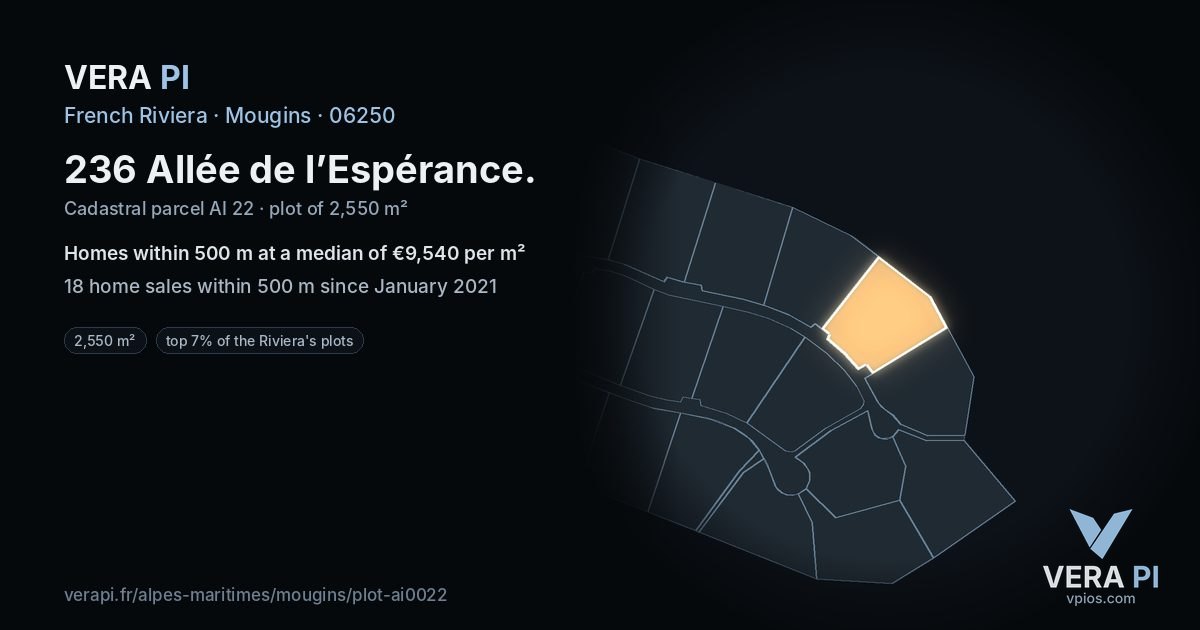 236 Allée de l’Espérance, Mougins at night – the plot lit, the parcels around coloured by the prices near them