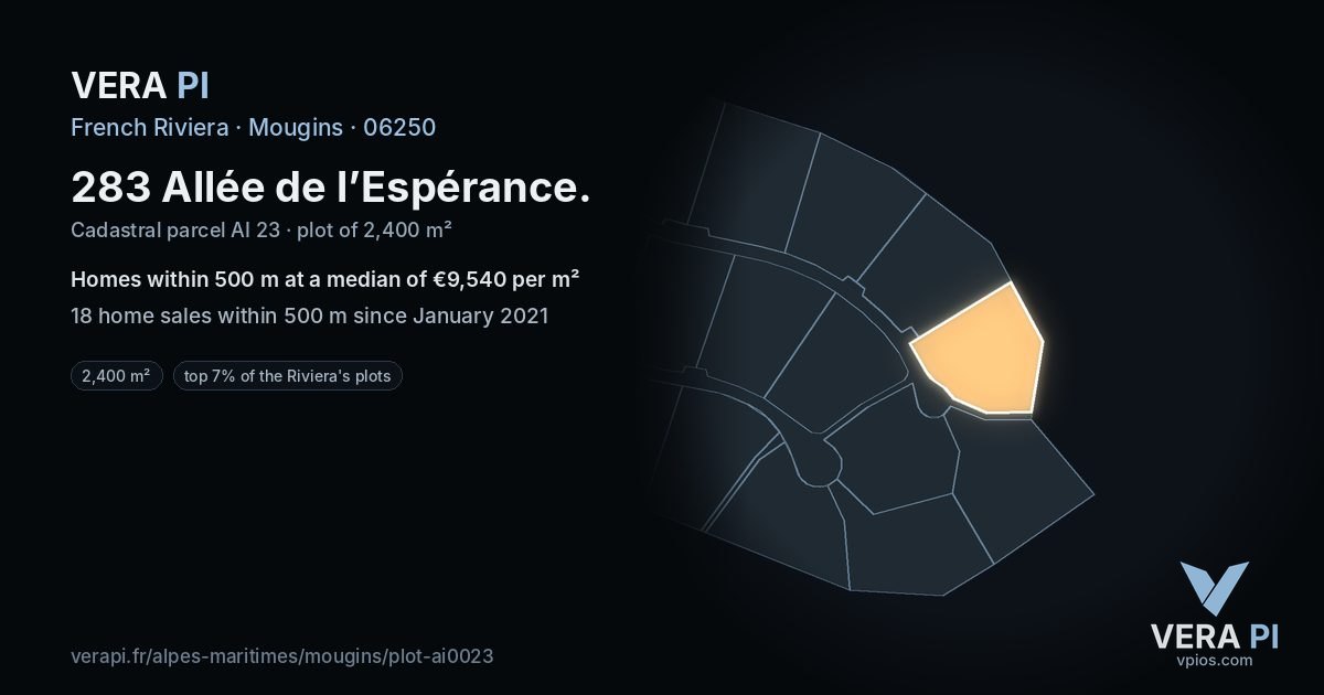 283 Allée de l’Espérance, Mougins at night – the plot lit, the parcels around coloured by the prices near them