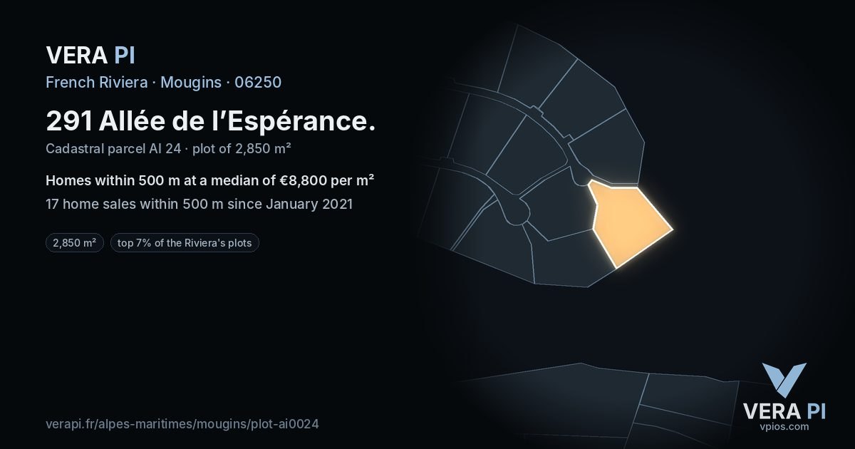 291 Allée de l’Espérance, Mougins at night – the plot lit, the parcels around coloured by the prices near them
