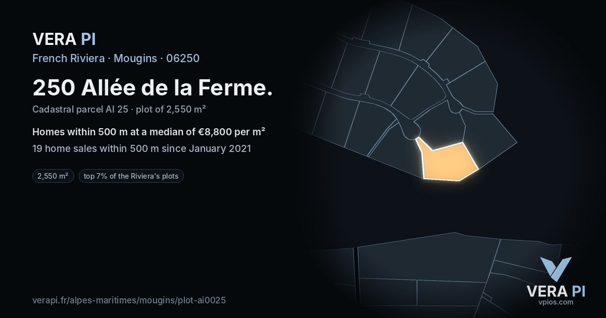 250 Allée de la Ferme, Mougins at night – the plot lit, the parcels around coloured by the prices near them