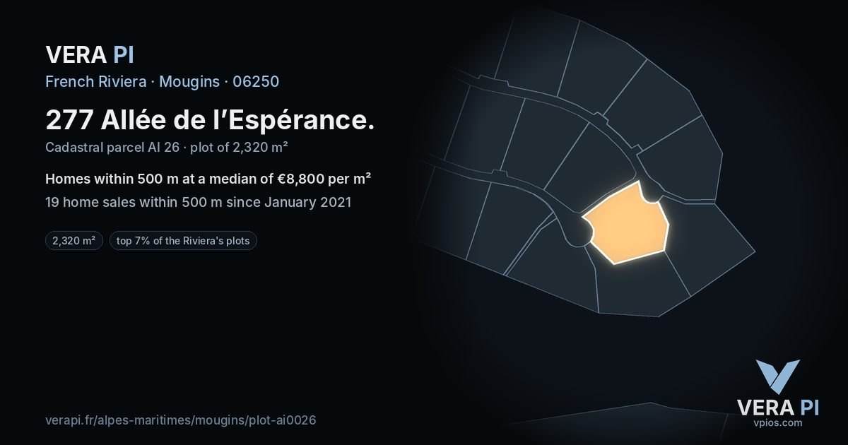 277 Allée de l’Espérance, Mougins at night – the plot lit, the parcels around coloured by the prices near them