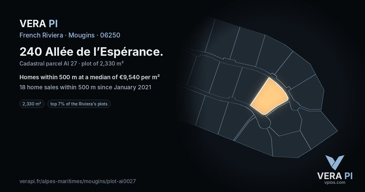 240 Allée de l’Espérance, Mougins at night – the plot lit, the parcels around coloured by the prices near them