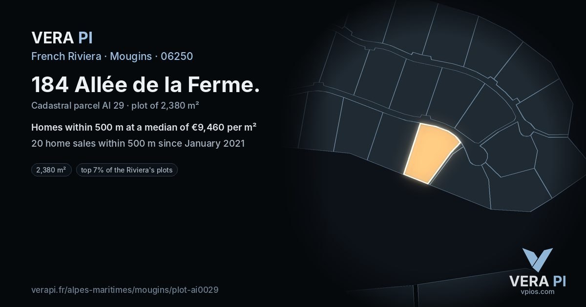 184 Allée de la Ferme, Mougins at night – the plot lit, the parcels around coloured by the prices near them