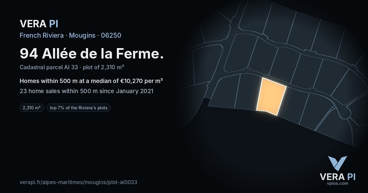 94 Allée de la Ferme, Mougins at night – the plot lit, the parcels around coloured by the prices near them